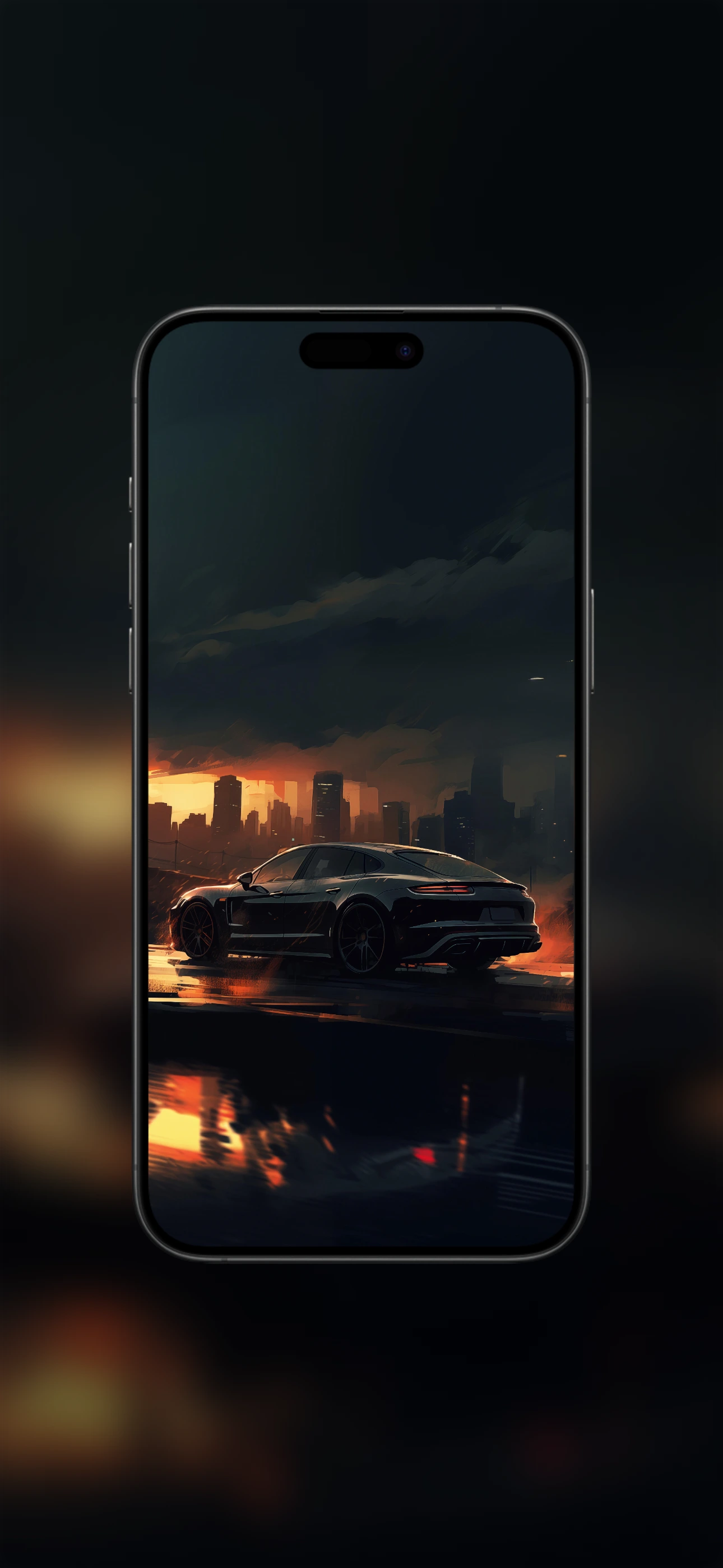 A digital painting of a black Porsche Panamera on a wet road facing a silhouetted city skyline under a dark, stormy sky with a glowing orange sunset horizon.