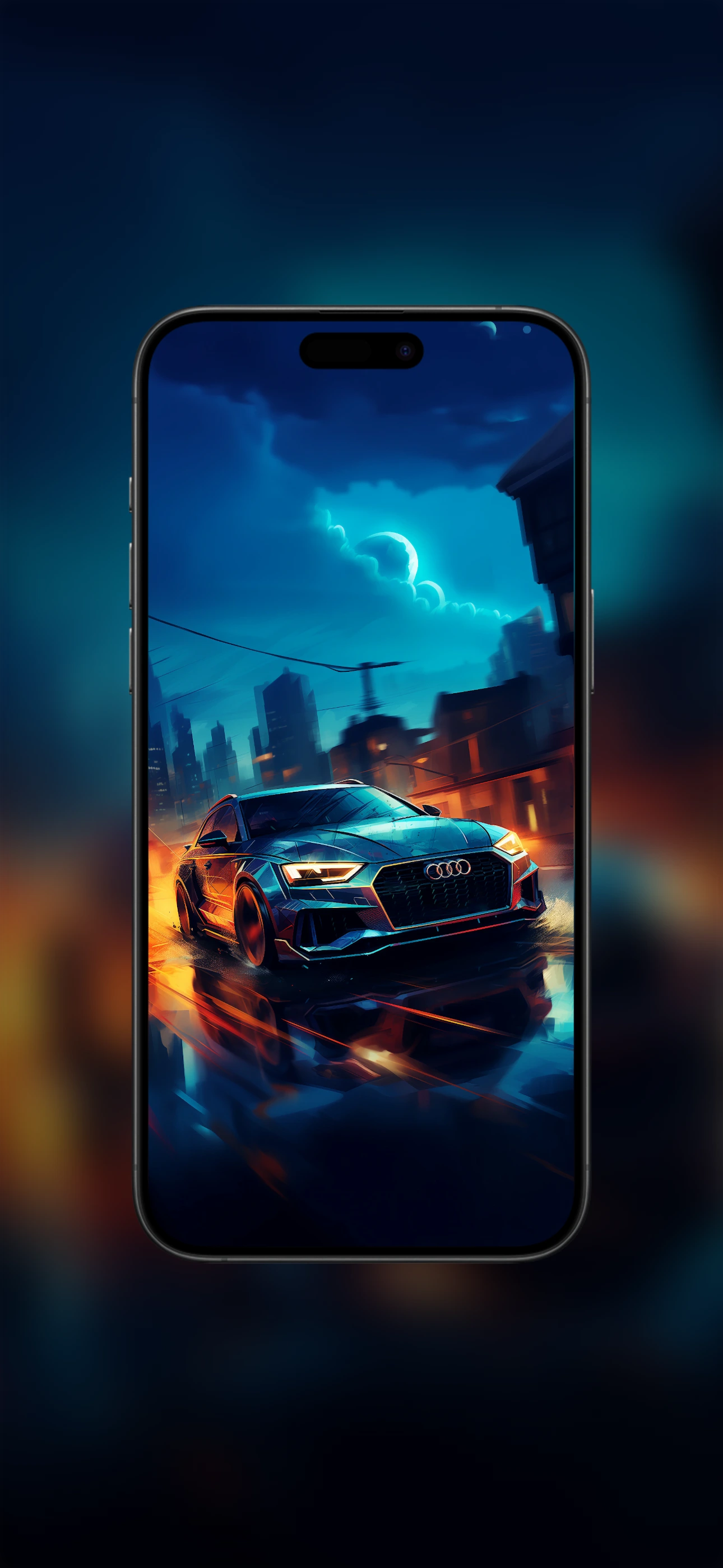 Digital art of an Audi RS4 Avant in a rain-soaked city with blue and orange neon lighting