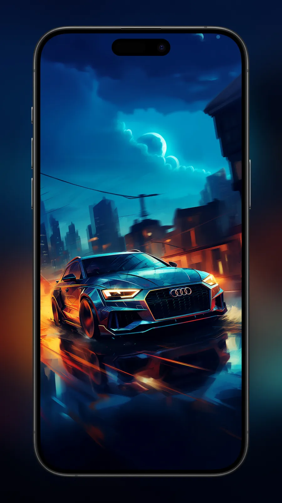 Digital art of an Audi RS4 Avant in a rain-soaked city with blue and orange neon lighting